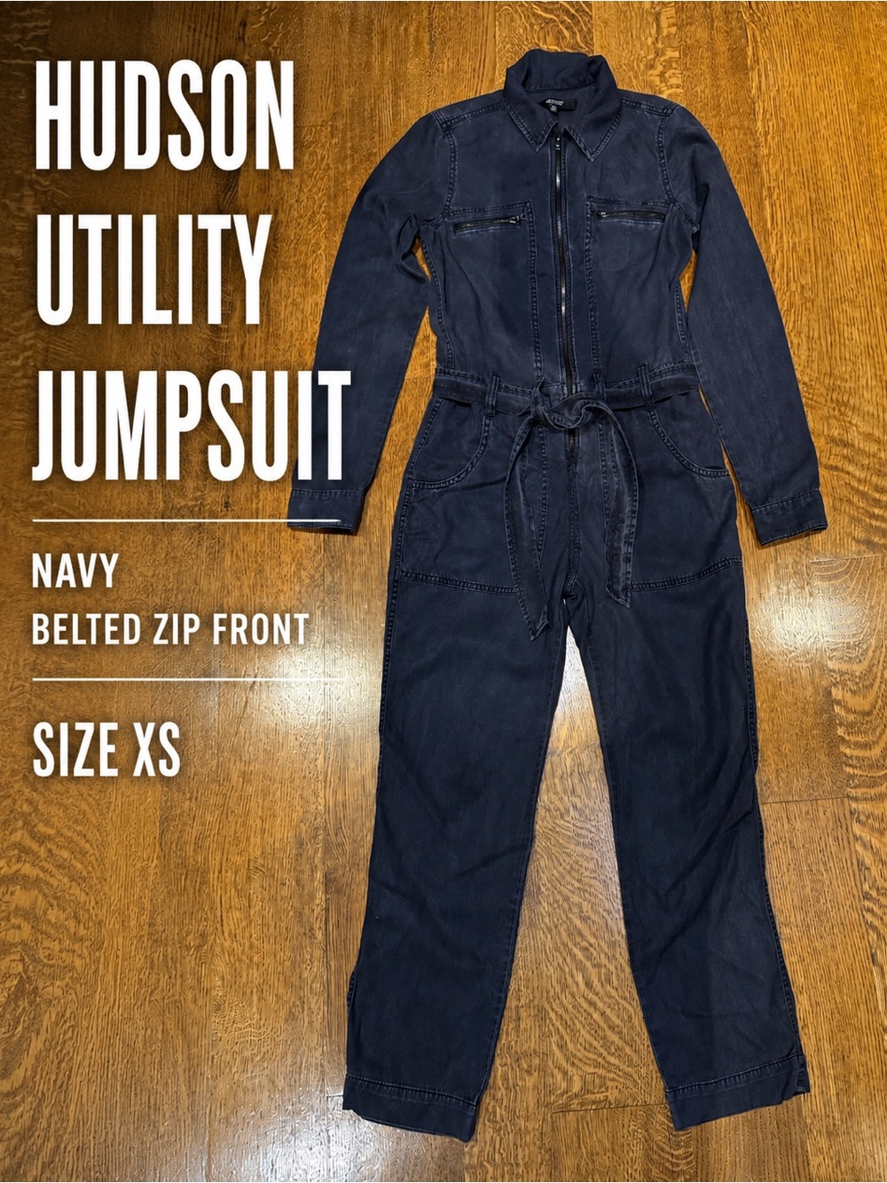 Hudson Los Angeles Utility Jumpsuit XS Navy Lyocell Cotton Zip Front Belted